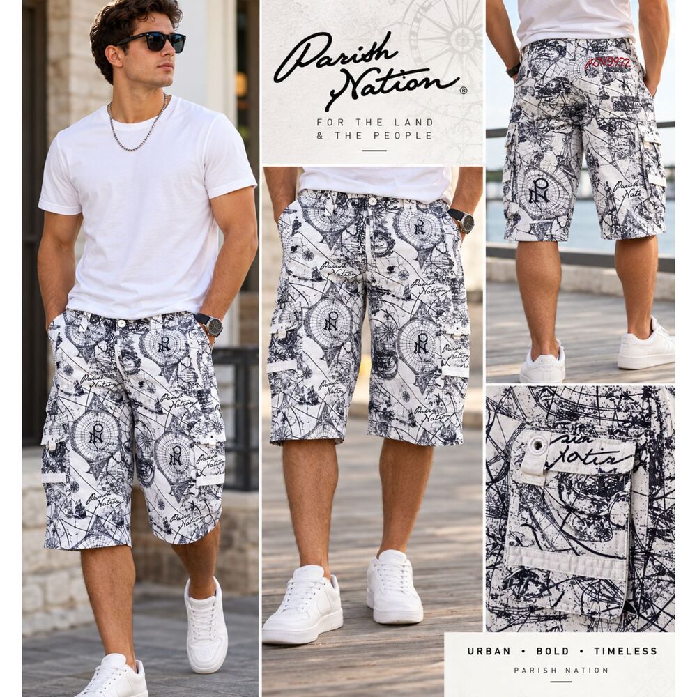 Parish Nation Cargo Shorts Men 40 White Black Map Print Y2K Hip Hop Streetwear